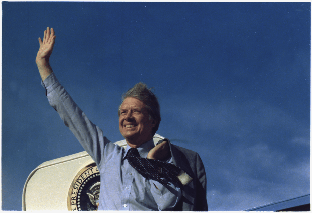 Jimmy Carter waving from Air Force One
