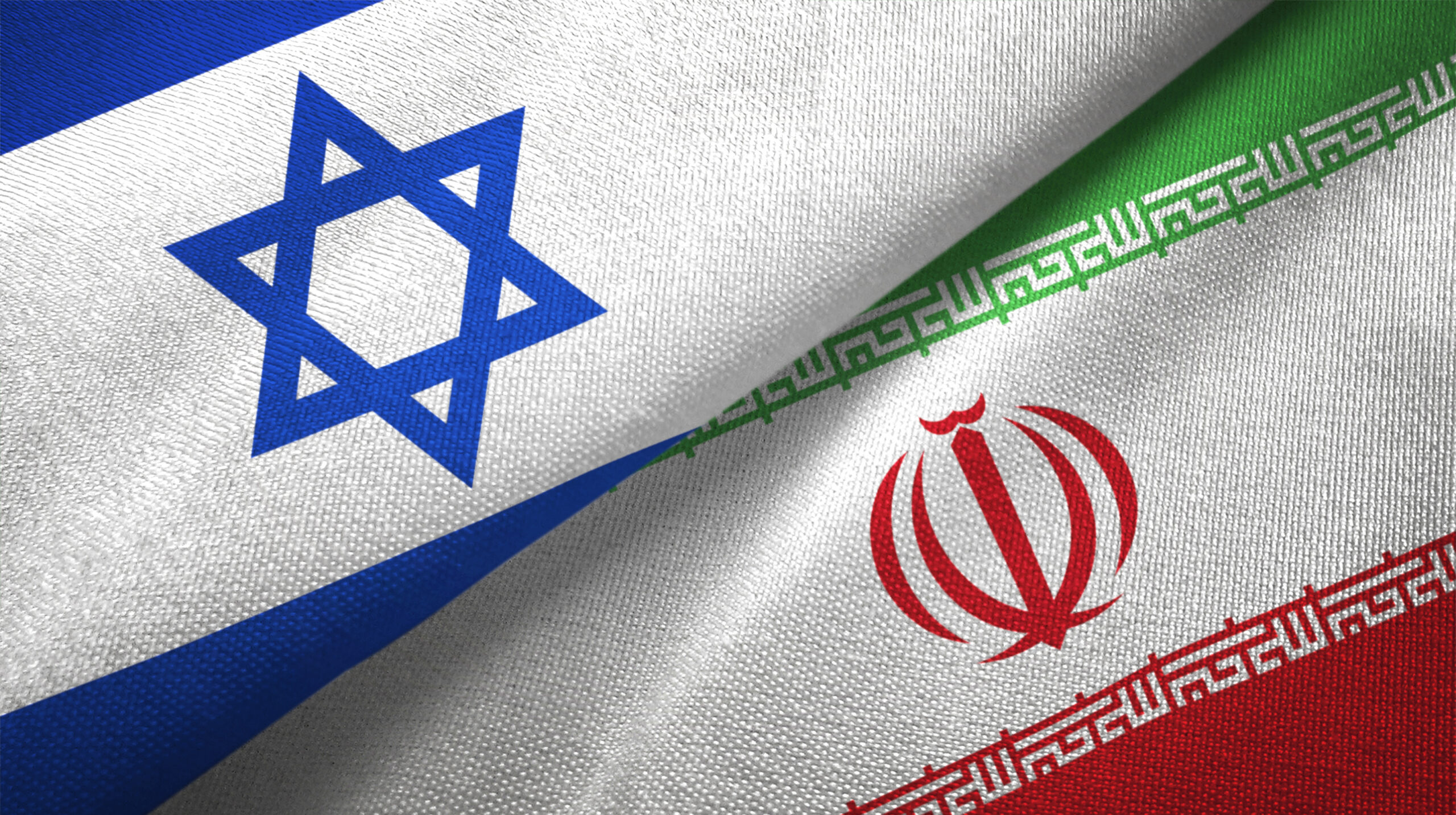 Israel and Iran flags together textile cloth, fabric texture