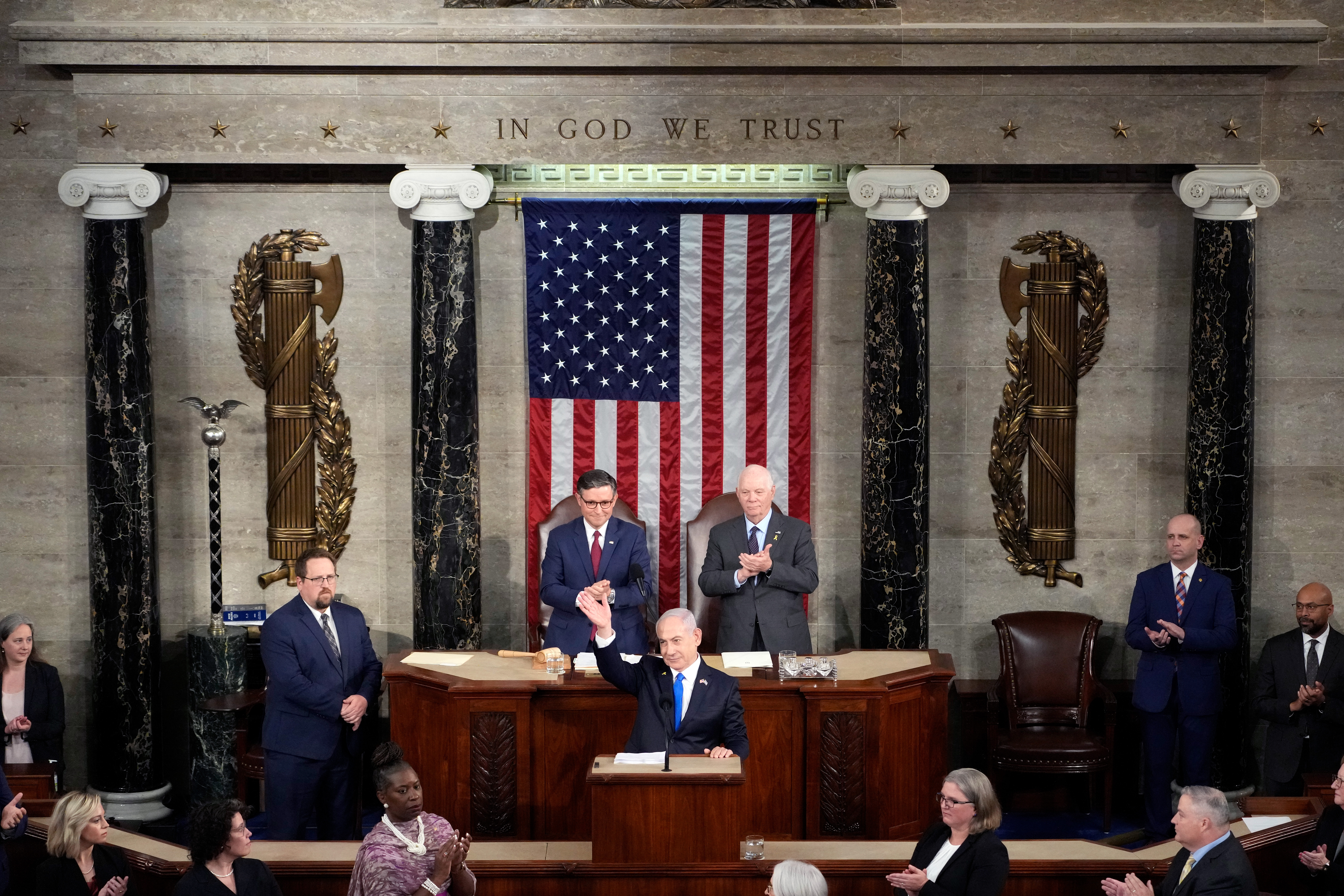 WASHINGTON, DC - JULY 24:  Israeli Prime Minister Benjamin Netanyahu addresses a joint meeting of Congress in the chamber of the House of Representatives at the U.S. Capitol on July 24, 2024 in Washington, DC. Netanyahu’s visit occurs as the Israel-Hamas war reaches nearly ten months. A handful of Senate and House Democrats boycotted the remarks over Israel’s treatment of Palestine. (Photo by Kent Nishimura/Getty Images)