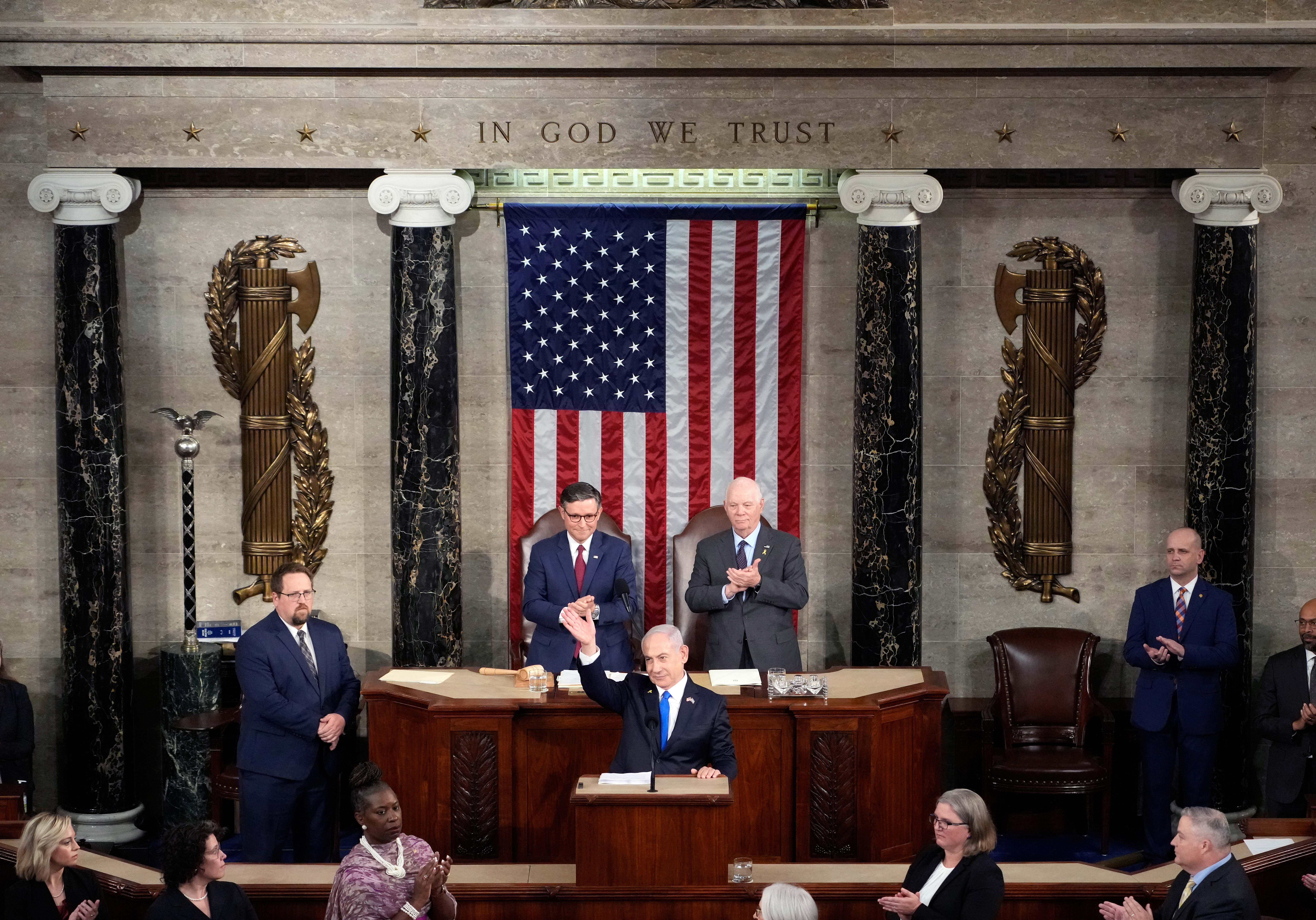 WASHINGTON, DC - JULY 24:  Israeli Prime Minister Benjamin Netanyahu addresses a joint meeting of Congress in the chamber of the House of Representatives at the U.S. Capitol on July 24, 2024 in Washington, DC. Netanyahu’s visit occurs as the Israel-Hamas war reaches nearly ten months. A handful of Senate and House Democrats boycotted the remarks over Israel’s treatment of Palestine. (Photo by Kent Nishimura/Getty Images)